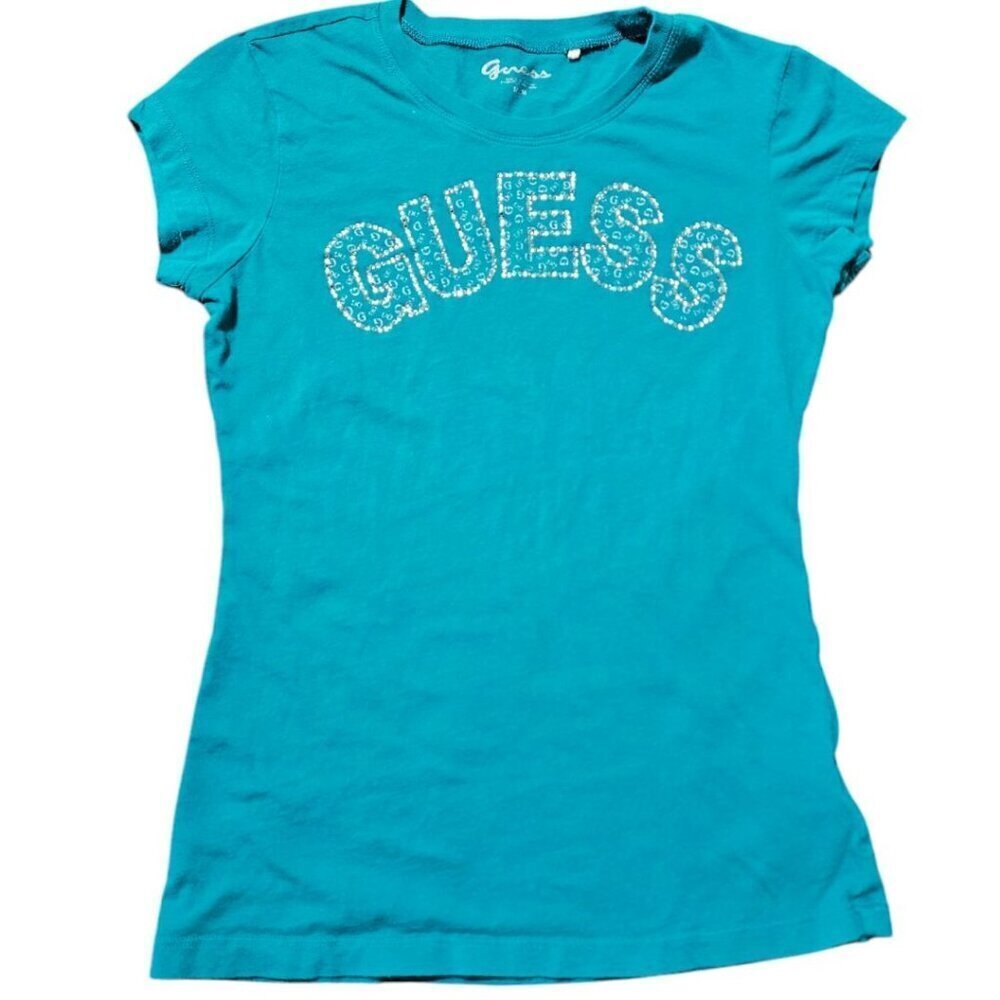 Wm y2k Guess Baby Tee Sz M Cap Sleeve, Logo, Embellished, Rhinestones, 2000s